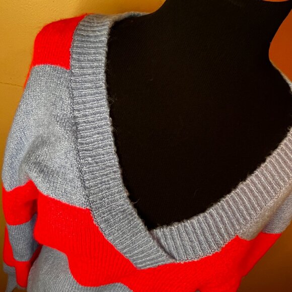 June & Hudson Size M Bright Pink Periwinkle Blue V-Neck Striped Spring Sweater - Picture 2 of 9